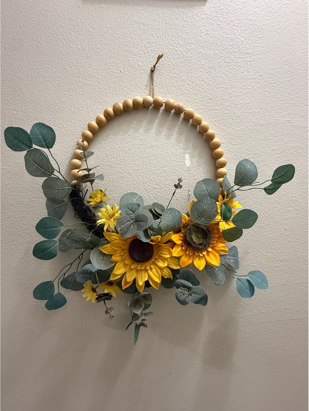 Handmade Sunflower and Eucalyptus Wooden Bead Wreath Wall Decor